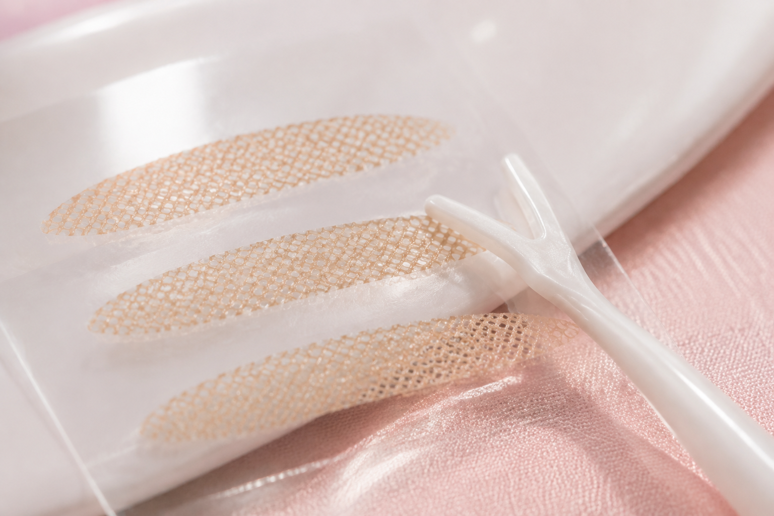 Close view of fine mesh eyelid strips